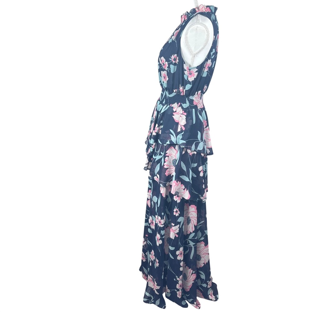 Eliza J Maxi Dress Blue Pink Floral Chiffon Tiered Sleeveless Spring PartySz 12 - Picture 5 of 11
